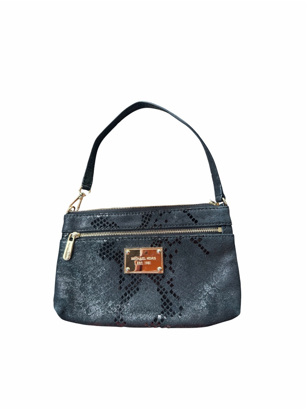 Michael Kors Black Snake-Print Wristlet with Gold Hardware